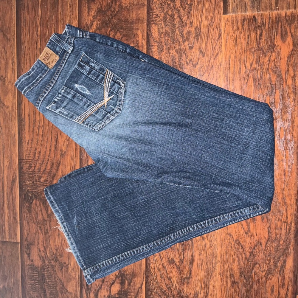 Y2K Low Rise Flare Jeans Women 29 Sabrina Stretch BKE Denim Blue Distressed Wash